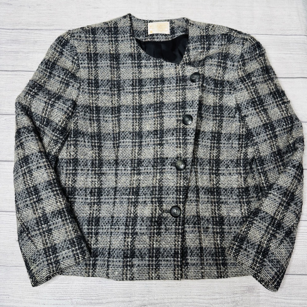 Pendleton Vintage Women's 12 Black Gray Tan Plaid Wool Short Asymmetrical Blazer
